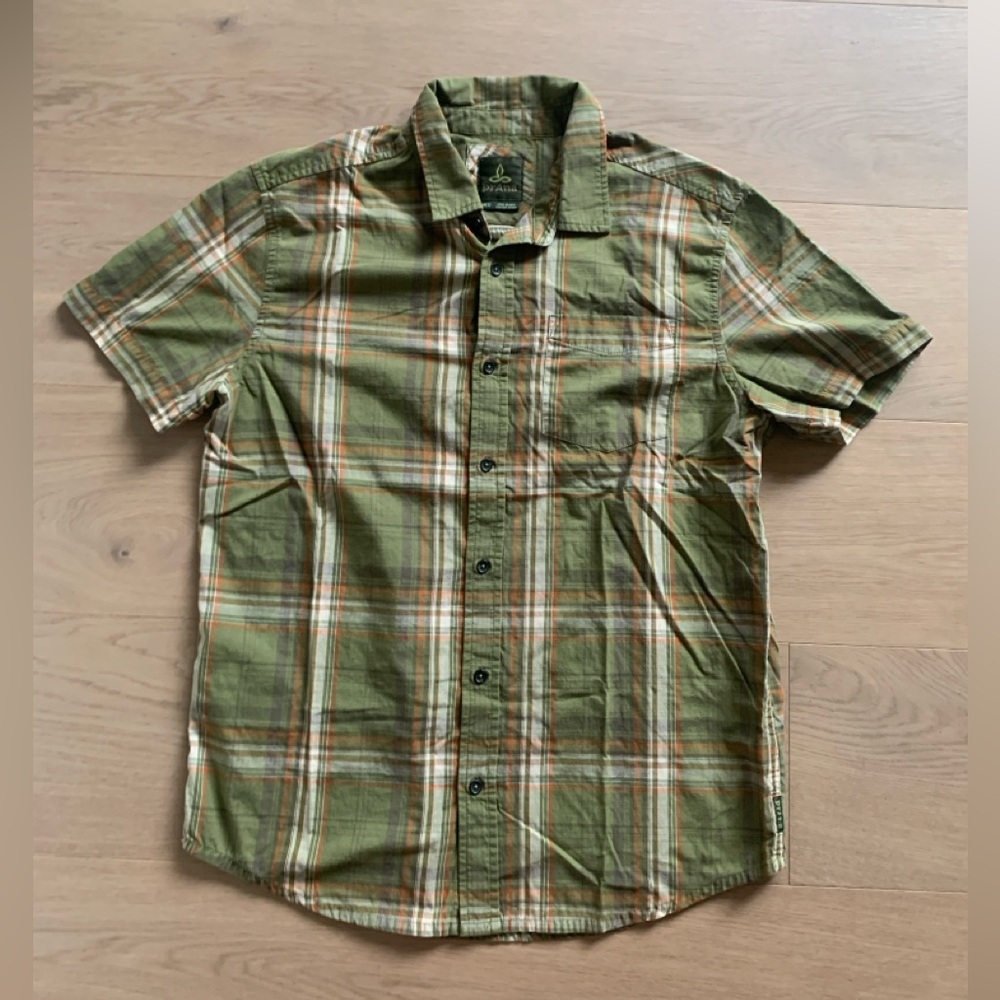 Prana Men’s M Olive & White Plaid Short-Sleeve Button-Up Shirt Granola Style Tee